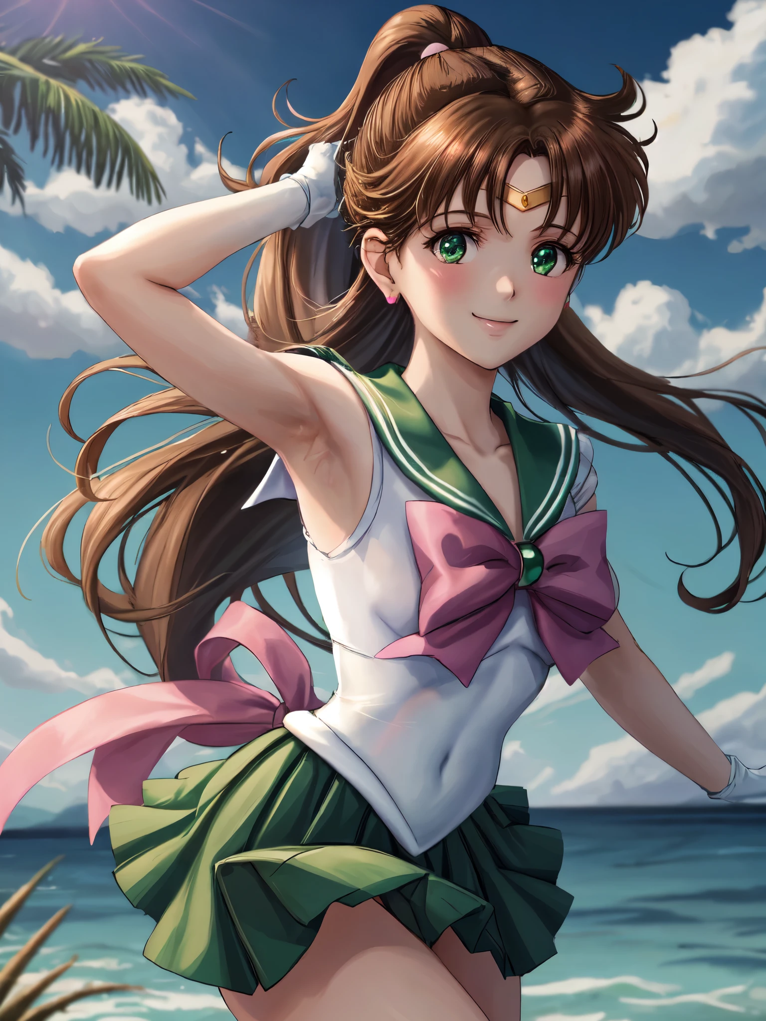 Armpit Show,masterpiece, Highest quality, High resolution, One girl, alone, Sailor Jupiter, (Hair fluttering), (Single Ponytail)), Elbow hand pockets, headgear, Green pleated skirt, Pink ribbon, (Green sailor collar), Brown Hair, White gloves, jewelry, Earrings, smile, Grassland in the background, Blue sky and white clouds, Ocean, front, whole body