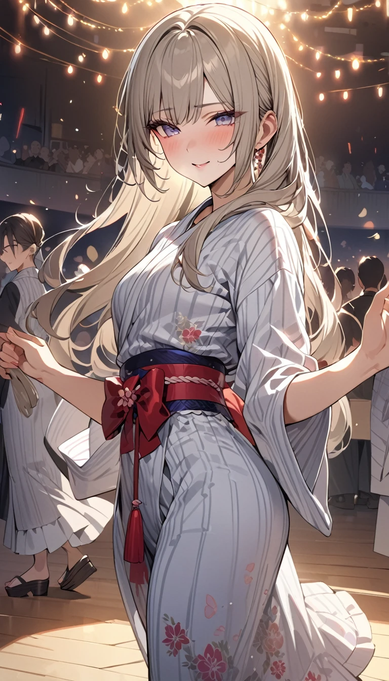 masterpiece,High resolution,Many men and women are dancing in a single circle、Men and women in yukata、Light brown hair,Fox Eyes,Fox&#39;s Tail,Fox Ears,smile,Wedding dress,Dancing,,,moonlight,Fine weather,Night Sky