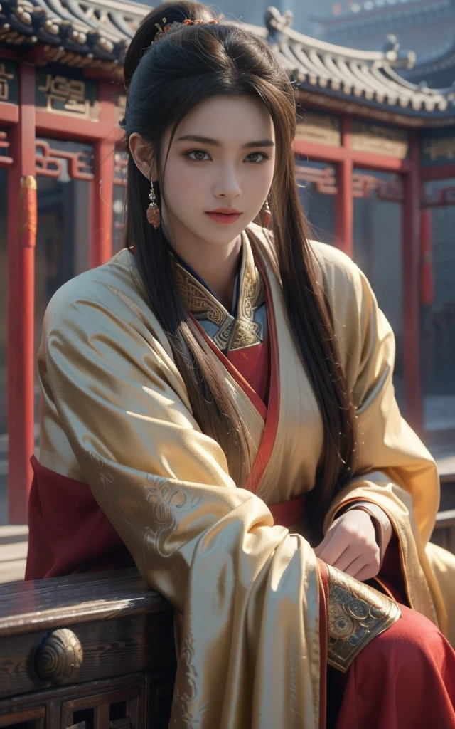 Game Art，Best picture quality，Maximum resolution，8K，(Half-length photo)，(Head close-up)，(Rule of Thirds)，Unreal Engine 5 rendering works， (Future Girl)，(Female Warrior)， 18-year-old Korean girl，The facial features are beautiful and delicate（A gentle smile facing the camera）(Chinese samurai)，(Short ponytail hairstyle)，Eyes full of details，(Large Breasts)，Elegant and noble， (Costumes with Chinese swordsman elements，figure服饰，armor，The costume is red and gold，Heavy Armor，Joint armor)，(Chinese Hanfu:1.3)，figure，Fantasy style， Photo poses，Field background，light，Ray Tracing，Game CG，((3D Unreal Engine))，oc rendering reflection pattern，