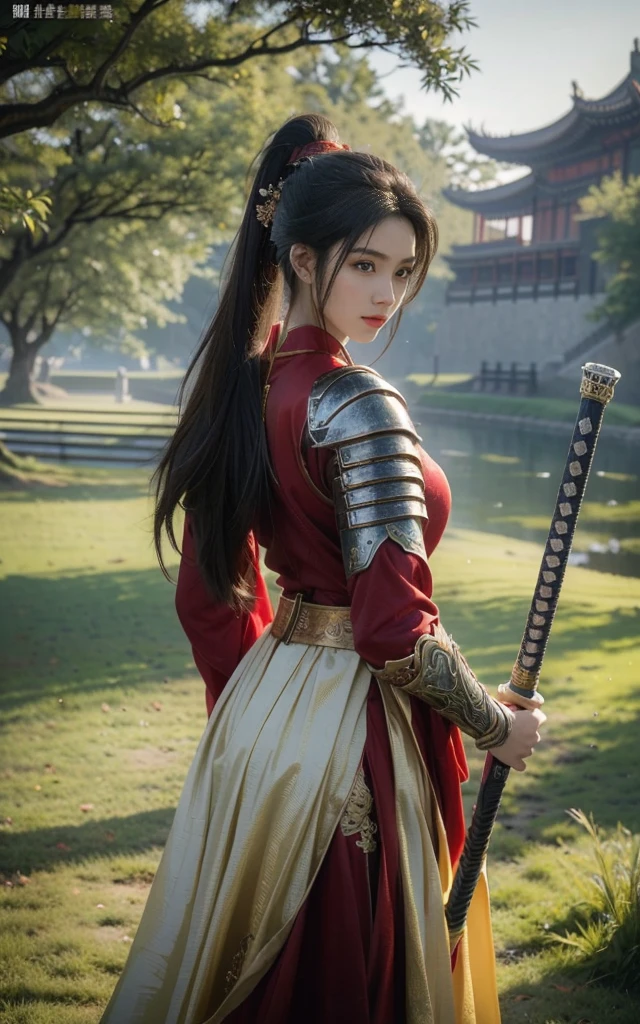 Game Art,Best picture quality,Maximum resolution,8K,(Half-length photo),(Head close-up),(Rule of Thirds),Unreal Engine 5 rendering works, (Future Girl),(Female Warrior), 18-year-old Korean girl,The facial features are beautiful and delicate(A gentle smile facing the camera)(Chinese samurai),(Short ponytail hairstyle),Eyes full of details,(Large Breasts),Elegant and noble, (Costumes with Chinese swordsman elements,figure服饰,armor,The costume is red and gold,Heavy Armor,Joint armor),(Chinese Hanfu:1.3),figure,Fantasy style, Photo poses,Field background,light,Ray Tracing,Game CG,((3D Unreal Engine)),oc rendering reflection pattern,