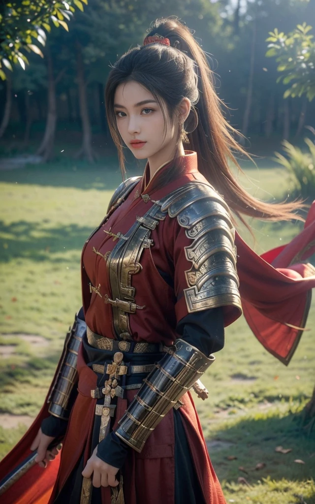 Game Art,Best picture quality,Maximum resolution,8K,(Half-length photo),(Head close-up),(Rule of Thirds),Unreal Engine 5 rendering works, (Future Girl),(Female Warrior), 18-year-old Korean girl,The facial features are beautiful and delicate(A gentle smile facing the camera)(Chinese samurai),(Short ponytail hairstyle),Eyes full of details,(Large Breasts),Elegant and noble, (Costumes with Chinese swordsman elements,figure服饰,armor,The costume is red and gold,Heavy Armor,Joint armor),(Chinese Hanfu:1.3),figure,Fantasy style, Photo poses,Field background,light,Ray Tracing,Game CG,((3D Unreal Engine)),oc rendering reflection pattern,