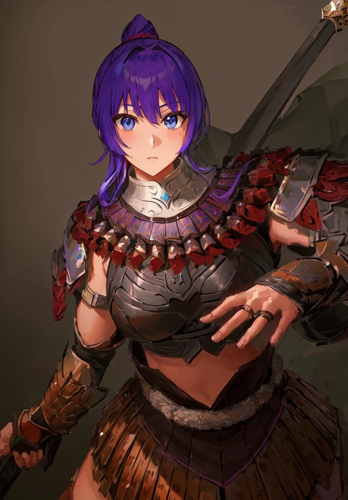 Wearing armor、Anime image of a woman holding a spear, Armor Girl, With scaly armor, Purple Armor, wearing monster hunter armor, A very beautiful berserker woman,Anime Art，Three Kingdoms志，Three Kingdoms。big boods，big ，huge ，sex body，Purple Hair，Blue Eyes，Black Leather，Brown skin，dark skin，