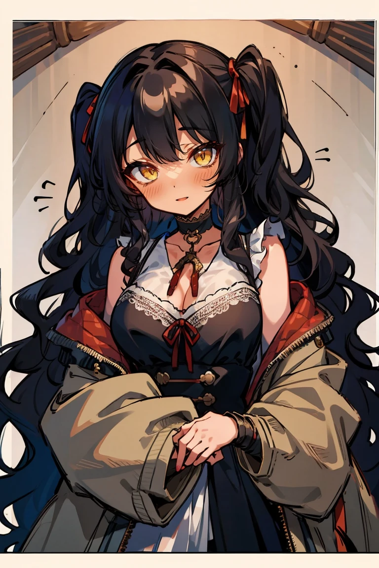 (masterpiece:1.2), (high quality:1.2), (hui xiyi:0.7), rekkyo sensen, rekkyou sensen, girls with((1girl, solo, black hair, yellow eyes, (wavy long hair, one side up:1.54), blush, breasts, choker, cleavage, coat, cowboy shot, dress, lace dress, black waist tie, red bow, red ribbon, neck ribbon, blouse shirt, frills blouse, fur, khaki jacket, hood down, hooded coat, hooded jacket, hoodie, jacket, large breasts, long hair, long sleeves, medium breasts, open clothes, open coat,open hoodie, sleeveless, winter clothes, zipper, cleavage, upper body)), background with((bedding, futon, jail, prison:1.45))