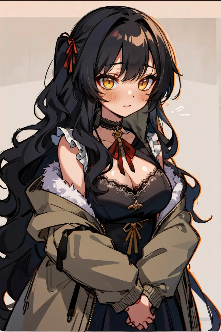 (masterpiece:1.2), (high quality:1.2), (hui xiyi:0.7), rekkyo sensen, rekkyou sensen, girls with((1girl, solo, black hair, yellow eyes, (wavy long hair, one side up:1.54), blush, breasts, choker, cleavage, coat, cowboy shot, dress, lace dress, black waist tie, red bow, red ribbon, neck ribbon, blouse shirt, frills blouse, fur, khaki jacket, hood down, hooded coat, hooded jacket, hoodie, jacket, large breasts, long hair, long sleeves, medium breasts, open clothes, open coat,open hoodie, sleeveless, winter clothes, zipper, cleavage, upper body)), background with((bedding, futon, jail, prison:1.45))