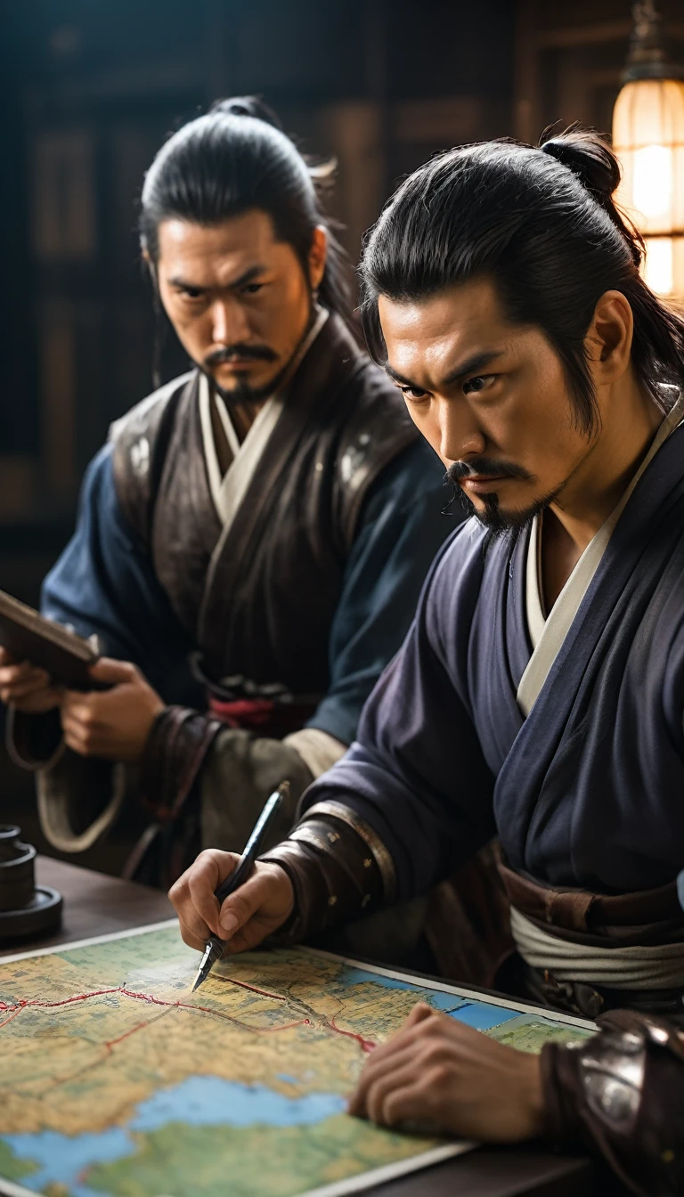 Hanzo Hatori and Ieyasu examining a map for their escape route., hyper realistic, ultra detailed hyper realistic, photorealistic, Studio Lighting, reflections, dynamic pose, Cinematic, Color Grading, Photography, Shot on 50mm lens, Ultra-Wide Angle, Depth of Field, hyper-detailed, beautifully color, 8k