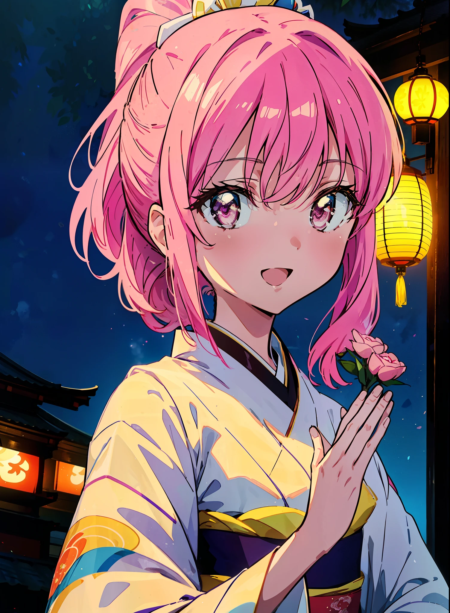 Louise Françoise Le Brun from La V全てiere,Pink Hair,Pink Eyes,Long Hair,ponytail,hair ornaments,happy smile, smile, Open your mouth,White Kimono,Thick sleeves,日本のfestival,夏festivalの屋台,Red Lantern,night,night空のfirework,firework,場所はfirework大会,時間はnightです,sunny day,turn around,まるでwhole bodyがイラストの中にいるかのように,walking, break looking at viewer, whole body, (Cowboy Shot:1. 5),
break outdoors, festival,shrine,
break (masterpiece:1.2), Highest quality, High resolution, unity 8k wallpaper, (shape:0.8), (Beautiful attention to detail:1.6), Highly detailed face, Perfect lighting, Extremely detailed CG, (Perfect hands, Perfect Anatomy),