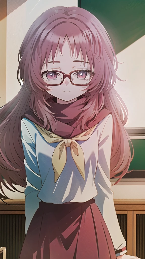 masterpiece, perfect lighting, (beautiful, best quality: 1.3), perfect eyes, absurd, 8k, 1 girl, alone, (absurdities), finely detailed, ai_mie, long hair, red eyes, red hair, red glasses, small breasts , smiling, eyes wide open, looking at viewer, Meaves, Glasses, long hair, Seraphuku, sailor collar, yellow scarf, white shirt, purple eyes, red dress, red hair, classroom, windowside