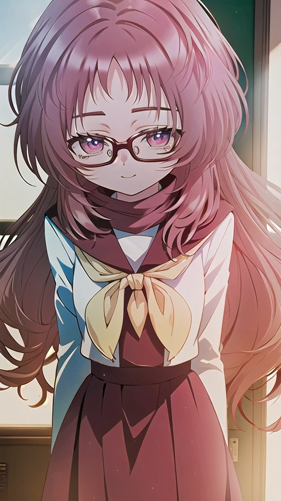 masterpiece, perfect lighting, (beautiful, best quality: 1.3), perfect eyes, absurd, 8k, 1 girl, alone, (absurdities), finely detailed, ai_mie, long hair, red eyes, red hair, red glasses, small breasts , smiling, eyes wide open, looking at viewer, Meaves, Glasses, long hair, Seraphuku, sailor collar, yellow scarf, white shirt, purple eyes, red dress, red hair, classroom, windowside