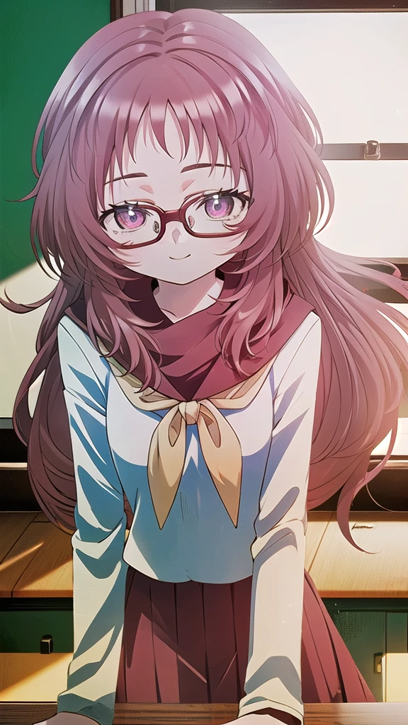 masterpiece, perfect lighting, (beautiful, best quality: 1.3), perfect eyes, absurd, 8k, 1 girl, alone, (absurdities), finely detailed, ai_mie, long hair, red eyes, red hair, red glasses, small breasts , smiling, eyes wide open, looking at viewer, Meaves, Glasses, long hair, Seraphuku, sailor collar, yellow scarf, white shirt, purple eyes, red dress, red hair, classroom, windowside