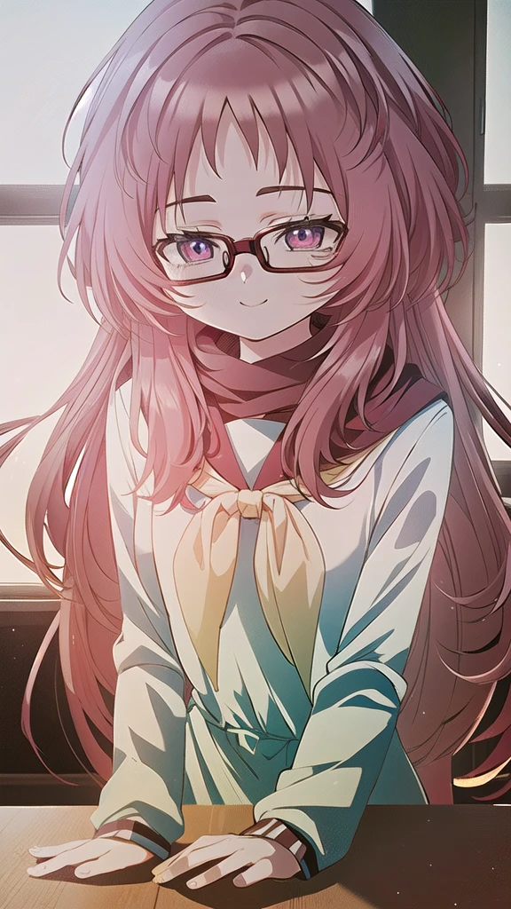 masterpiece, perfect lighting, (beautiful, best quality: 1.3), perfect eyes, absurd, 8k, 1 girl, alone, (absurdities), finely detailed, ai_mie, long hair, red eyes, red hair, red glasses, small breasts , smiling, eyes wide open, looking at viewer, Meaves, Glasses, long hair, Seraphuku, sailor collar, yellow scarf, white shirt, purple eyes, red dress, red hair, classroom, windowside