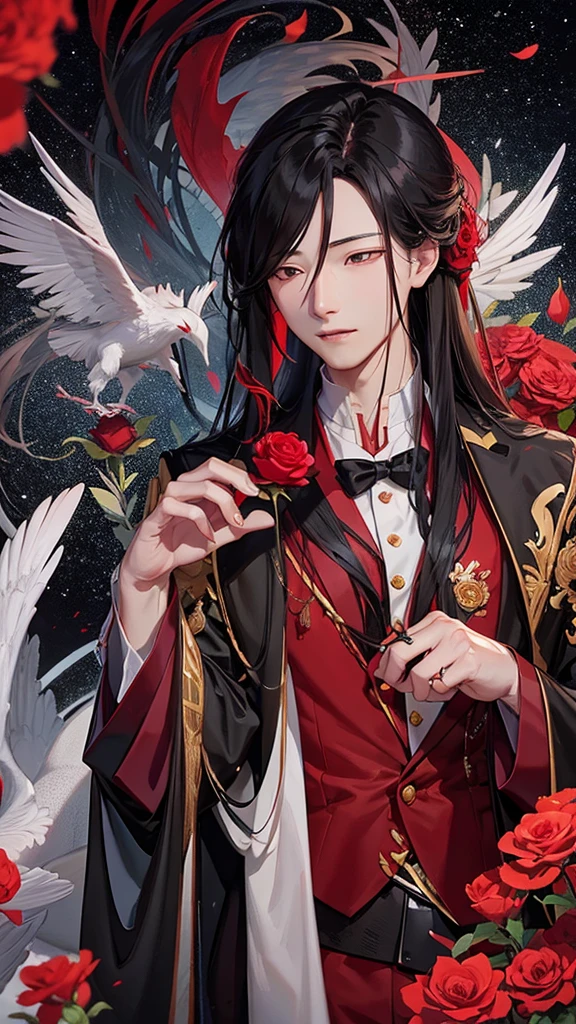 hua cheng, he holds a rose in his hand