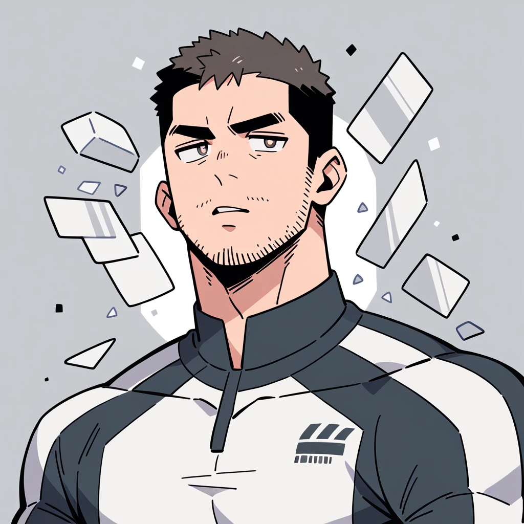 anime characters：Chris Redfield, Muscle Sports Student, Buzz Cut, Manliness, male focus, Dark black high collar long sleeve tight T-shirt, Slightly transparent material, Very tight, Round, full and perky chest muscles, muscular male, muscular, only, Upper body, alone, Black short hair, Thick eyebrows, stubble, Brown-red pupils, Grey background, simple background, amazing quality, best aesthetics, Ridiculous, crew cut, parted lips, v-shaped eyebrows, jitome, best quality