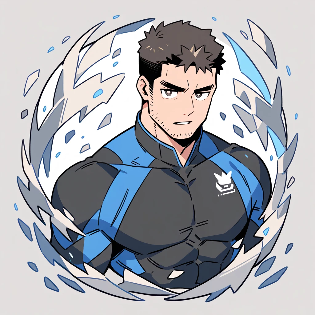 anime characters:Chris Redfield, Muscle Sports Student, Buzz Cut, Manliness, male focus, Dark black high collar long sleeve tight T-shirt, Slightly transparent material, Very tight, Round, full and perky chest muscles, muscular male, muscular, only, Upper body, alone, Black short hair, Thick eyebrows, stubble, Brown-red pupils, Grey background, simple background, amazing quality, best aesthetics, Ridiculous, crew cut, parted lips, v-shaped eyebrows, jitome, best quality