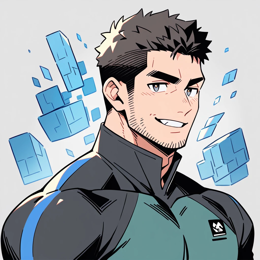 anime characters:Chris Redfield, Muscle Sports Student, Buzz Cut, Manliness, male focus, Dark black high collar long sleeve tight T-shirt, Slightly transparent material, Very tight, Round, full and perky chest muscles, muscular male, muscular, only, Upper body, alone, Black short hair, Thick eyebrows, stubble, Brown-red pupils, Grey background, simple background, amazing quality, best aesthetics, Ridiculous, crew cut, parted lips, raised eyebrow, seductive smile, naughty face, best quality