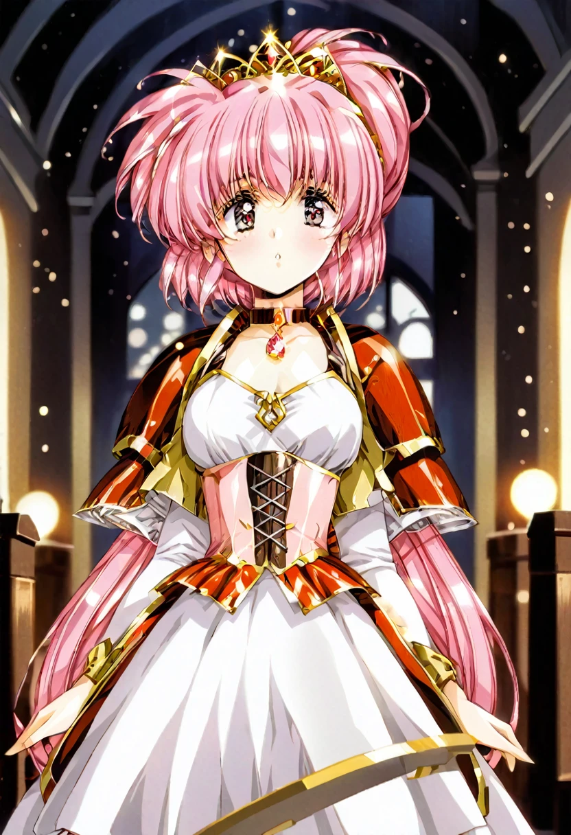Ultra detailed face,Ultra-detailed eyes, 3mpr3ss, corset, (Night dress), Beautiful adult woman, 20-year-old,,bangs, front, Peach-colored hairs, 最high quality, high quality, High detail, Are standing, Wide shoulder pads, Money trimmed cloak,gem, Money (whole body), Hourglass Shape, (collar), (tall big tiara), Peplum, Penniers, interior, large hall, Bokeh, (Rim Light) Dark bu5tl3, White long dress, . Magic, Fantastic, Fascinating, Picture book style, Very detailed,((The hairstyle is　Vertical roll )) Pink Hair ,bangsblunt bangs,((Vertical roll)),{masterpiece},{best quality},{1 Girl}, Lovely, Astonishing, Beautiful and delicate eyes, black eyes, Long hair, Pink Hair,curls,Fine details,Depth of Field,Extremely detailed CG,The original, Extremely detailed wallpaper,Upper Body, Looking at the audience