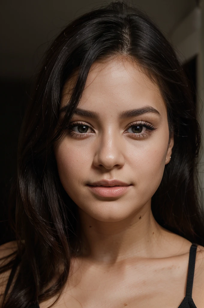 a beautiful young woman, cute woman, pretty woman, face detailled, lightnning luminosity, persistant regard, beautiful look, detailed portrait, realistic, long black hair, gorgeous face, plump lips, black eyes, dimple, high quality, 8k, hyper realistic, photorealistic award winning, studio lighting, latina girl, mixed race, bronze, little face, cute face
