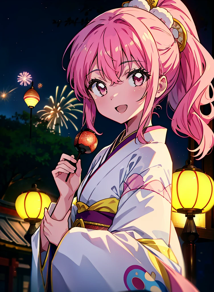 Louise Françoise Le Brun from La V全てiere,Pink Hair,Pink Eyes,Long Hair,ponytail,hair ornaments,happy smile, smile, Open your mouth,White Kimono,Thick sleeves,日本のfestival,夏festivalの屋台,Red Lantern,night,night空のfirework,firework,場所はfirework大会,時間はnightです,sunny day,turn around,まるでwhole bodyがイラストの中にいるかのように,walking,　　　　　　　　　　　　　　　  　　　　　break looking at viewer, whole body, (Cowboy Shot:1. 5),  　　　　　
break outdoors, festival,shrine,
break (masterpiece:1.2), Highest quality, High resolution, unity 8k wallpaper, (shape:0.8), (Beautiful attention to detail:1.6), Highly detailed face, Perfect lighting, Extremely detailed CG, (Perfect hands, Perfect Anatomy),