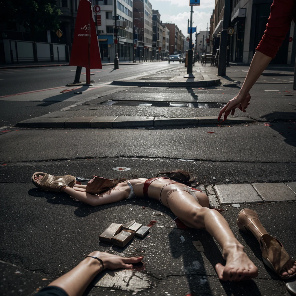 cinematic scene of a femicide. you can only see the woman's hand stained with blood. the blood flows between the joints of the pavement. 4k photo. super details, cinematic photo, 4k details, (((hd resolution)))