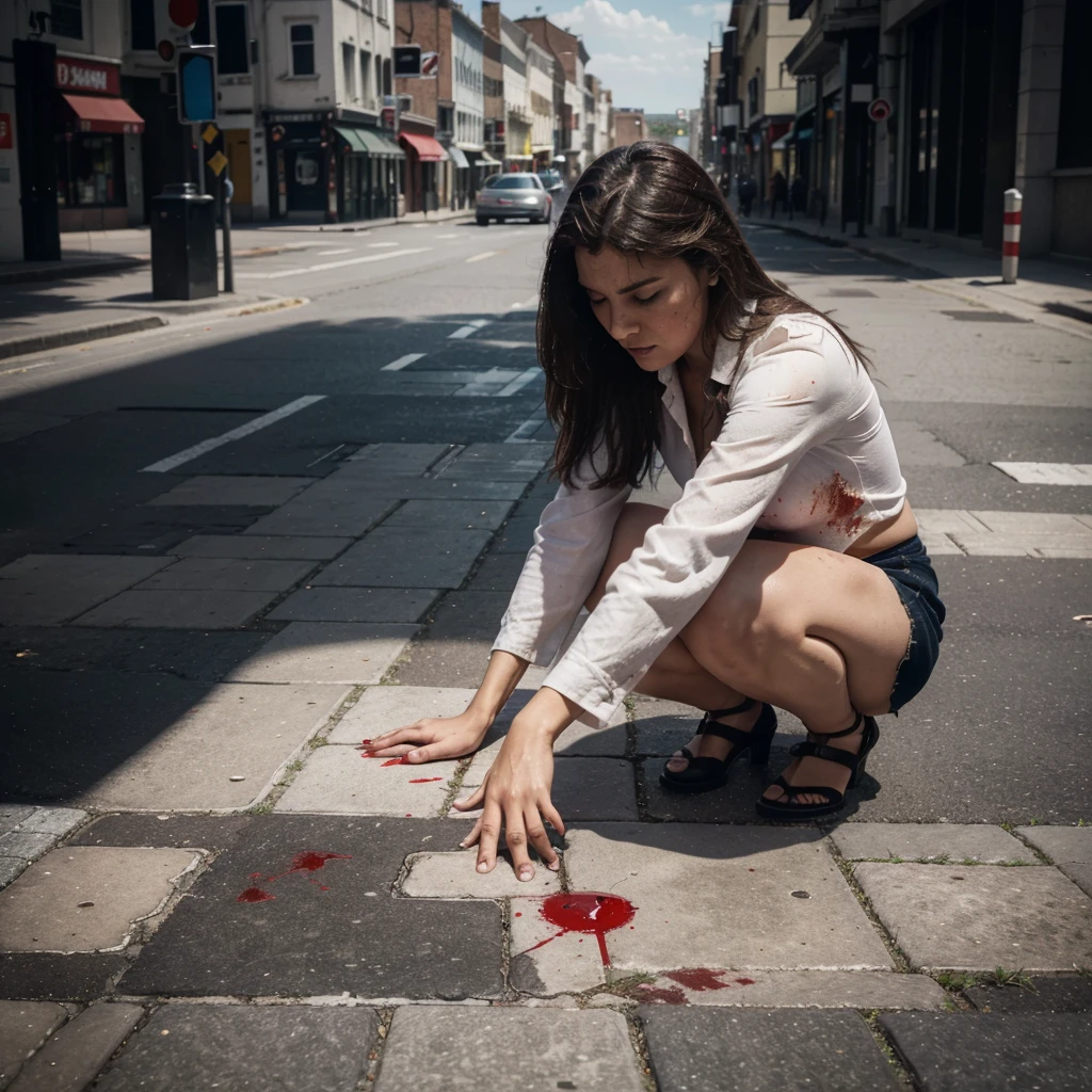 cinematic scene of a femicide. you can only see the woman's hand stained with blood. the blood flows between the joints of the pavement. 4k photo. super details, cinematic photo, 4k details, (((hd resolution)))