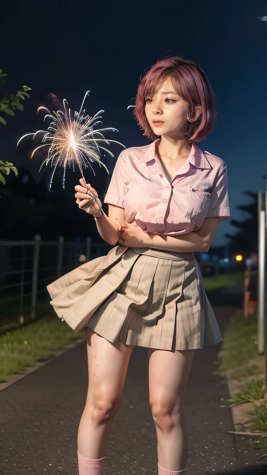 (High school girl playing fireworks:1.2、Sparkler、Japanese sparklers、Summer in Japan、night:1.4)、((school uniform、Yshirt、Pleated skirt、Navy blue socks、loafers)、the wind is strong、(Realistic、Like a photograph、Live Action、8K, Realistic, RAW Photos, Best image quality: 1.4), Single-lens reflex camera、RAW Photos, Highest quality, Realistic, Highly detailed CG Unity 8K wallpaper, Written boundary depth, Cinematic Light, Lens flare, Ray Tracing, Realistic background、((ultra high density skin))、 Teenage Girl,Cute Japanese、(Hand-held fireworks、Big Breasts)、(whole body:1.5)、Super detailed face,avert your eyes:1.1、(Pink inner color hair、short hair:1.2、My hair flutters in the wind:1.4)、I like that style、stylish、Very detailed、Pay attention to the details、Perfect outfit、(Sunburned skin)、View from the front、Accurate hands、Accurate legs、Detailed hands and fingers、Anatomically correct body、Thin legs、Thin thighs