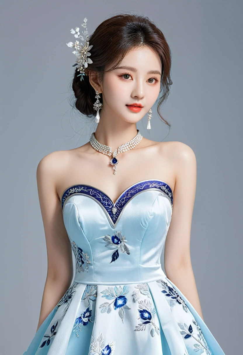 Realistic photo style, whole body 사진에 아름다운 아시아 소녀가 등장합니다., Wearing a unique ethnic style evening gown with delicate skin., bright and lively eyes, Thick eyelashes that look especially attractive. Long dresses are slim and elegant., Eye-catching silver jewelry and alcohol. The high-collar design adds an elegant atmosphere., Color of blue and white porcelain. using light and shadow, The vivid and harmonious appearance of the protagonist is highlighted... whole body, (masterpiece, best quality, professional, perfect composition, very aesthetic, absurd, very detailed, intricate details:1.3)