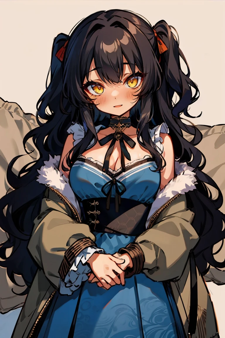 (masterpiece:1.2), (high quality:1.2), (hui xiyi:0.7), rekkyo sensen, rekkyou sensen, girls with((1girl, solo, black hair, yellow eyes, (wavy long hair, one side up:1.54), blush, breasts, choker, cleavage, coat, cowboy shot, blue lace dress, black waist tie, red bow, red ribbon, neck ribbon, white blouse shirt, frills blouse, fur, khaki jacket, hood down, hooded coat, hooded jacket, hoodie, jacket, large breasts, long hair, long sleeves, medium breasts, open clothes, open coat,open hoodie, sleeveless, winter clothes, zipper, cleavage, upper body)), background with((bedding, futon, jail, prison:1.45))