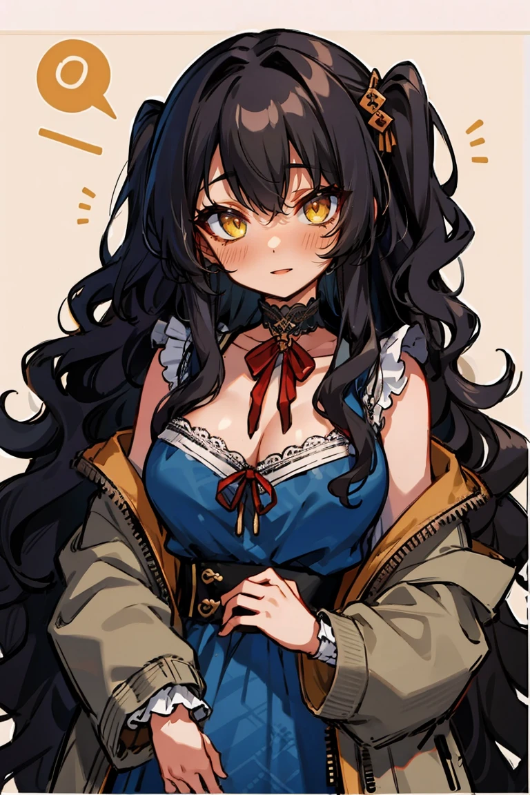 (masterpiece:1.2), (high quality:1.2), (hui xiyi:0.7), rekkyo sensen, rekkyou sensen, girls with((1girl, solo, black hair, yellow eyes, (wavy long hair, one side up:1.54), blush, breasts, choker, cleavage, coat, cowboy shot, blue lace dress, black waist tie, red bow, red ribbon, neck ribbon, white blouse shirt, frills blouse, fur, khaki jacket, hood down, hooded coat, hooded jacket, hoodie, jacket, large breasts, long hair, long sleeves, medium breasts, open clothes, open coat,open hoodie, sleeveless, winter clothes, zipper, cleavage, upper body)), background with((bedding, futon, jail, prison:1.45))