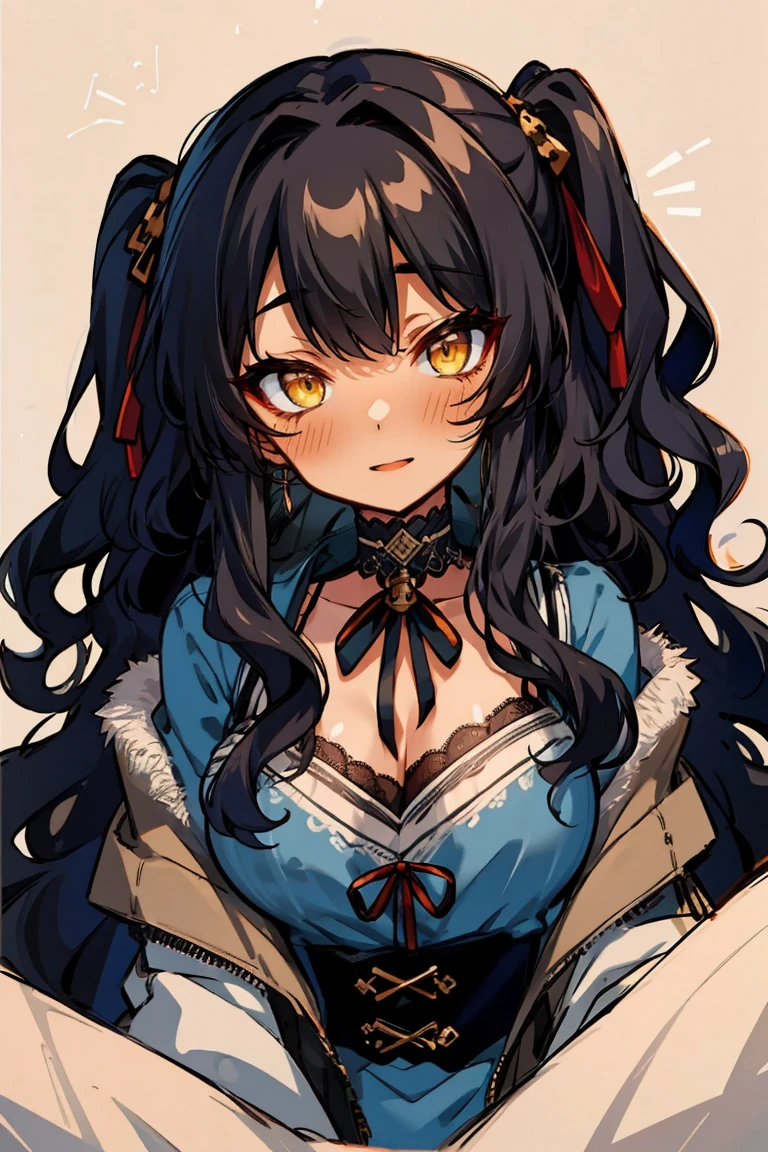 (masterpiece:1.2), (high quality:1.2), (hui xiyi:0.7), rekkyo sensen, rekkyou sensen, girls with((1girl, solo, black hair, yellow eyes, (wavy long hair, one side up:1.54), blush, breasts, choker, cleavage, coat, cowboy shot, blue lace dress, black waist tie, red bow, red ribbon, neck ribbon, white blouse shirt, frills blouse, fur, khaki jacket, hood down, hooded coat, hooded jacket, hoodie, jacket, large breasts, long hair, long sleeves, medium breasts, open clothes, open coat,open hoodie, sleeveless, winter clothes, zipper, cleavage, upper body)), background with((bedding, futon, jail, prison:1.45))