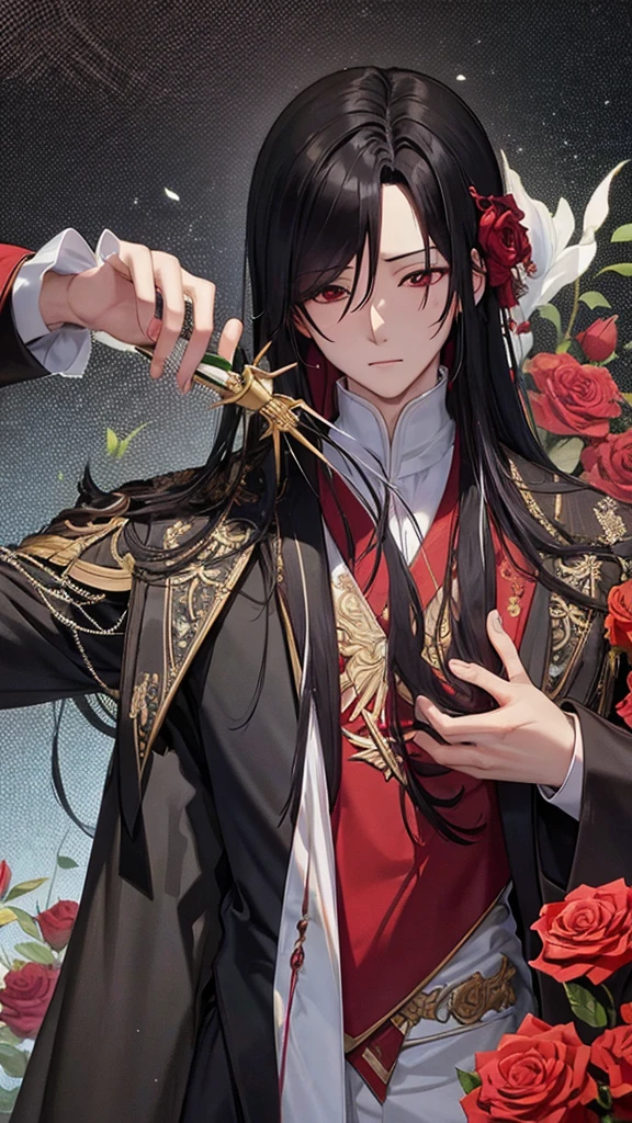 hua cheng, he holds a rose in his hand 