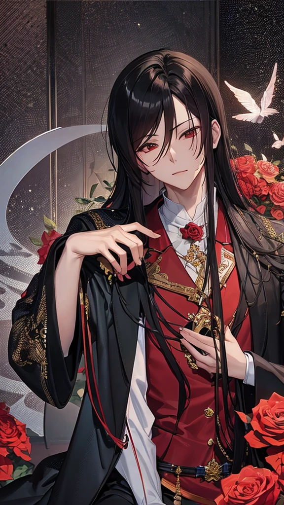 hua cheng, he holds a rose in his hand 