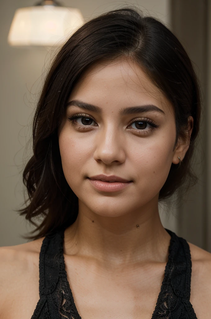 a beautiful young woman, cute woman, pretty woman, face detailled, lightnning luminosity, persistant regard, beautiful look, detailed portrait, realistic, black hair, gorgeous face, plump lips, black eyes, dimple, high quality, 8k, hyper realistic, photorealistic award winning, studio lighting, latina girl, mixed race, bronze, little face, cute face