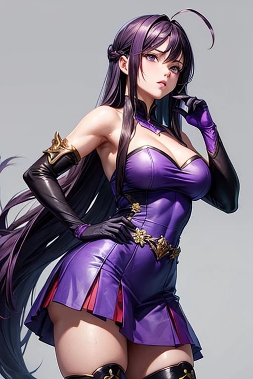 masterpiece, Highest quality, Unreal Engine, Super Resolution, Very detailed,
1 Girl, malaria, Quiz Magic Academy, Waist, thin, (Muscular:0.8), Round Breasts, Big Breasts, bold, Lips parted, Observe the audience,
Are standing, Sexy pose, Waistショット,
Simple background anime style, Key Visual,
malaria, ((Purple long hair:1.5)), Purple Dress, ((Dresses Skirts)), Shoulder strap, Purple long gloves, Black long boots, Sticky with sweat,