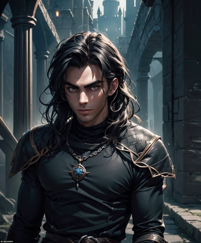 (((Single character image.))) (((1boy))) (((Dressed in medieval fantasy attire.)))  (((Generate a darkly handsome male character for a fantasy setting.))) (((Appears to be 20 years old with youthful looks.))) (((Looks like the ideal vision of a sexy, handsome rugged male.))) Design a handsome, attractive male adventurer for a fantasy setting.  He has strong features and shoulder length blond hair. (((The background to the image is dark and eerie..)))  (((Looks like Jon Kortajarena.))) best quality:1.0,hyperealistic:1.0,photorealistic:1.0,madly detailed CG unity 8k wallpaper:1.0,masterpiece:1.3,madly detailed photo:1.2, hyper-realistic lifelike texture:1.4, picture-perfect:1.0,8k, HQ,best quality:1.0, 