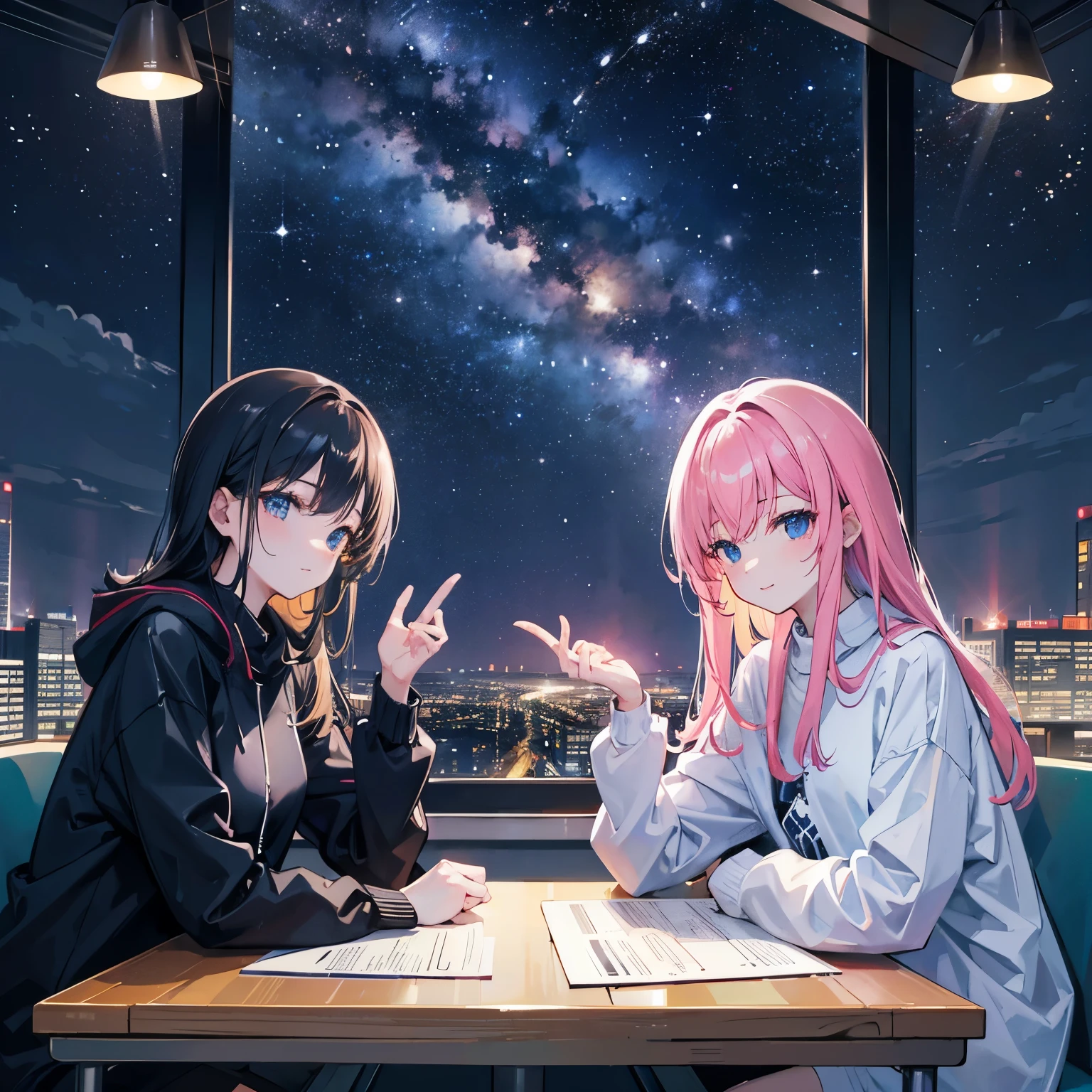 (master part), Busy city at night beyond the glass window,Milky Way, very cool, nature,after the rain, gram, beautiful sky, Brilliant clouds, 4K, happy,happyness, soft, wallpaper,, hope, convoluted, BREAK the image transmit a hopeful feeling, Good feel, happy atmosphere, The beauty of small details, a visual master part, beautiful colors, uhd, high resolution,absurd, professional image, breathtaking,amazing, Two girls are sitting side by side at the table right in front of the screen angle, leaning their heads against each other., Draw the character's appearance in detail, Wear casual clothes