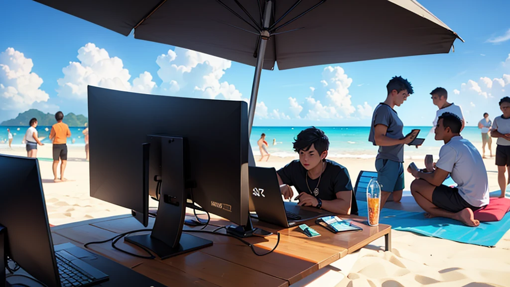 Cryptocurrency Meet Up on the Beach in Thailand, people with computers loving crypto and blockchain