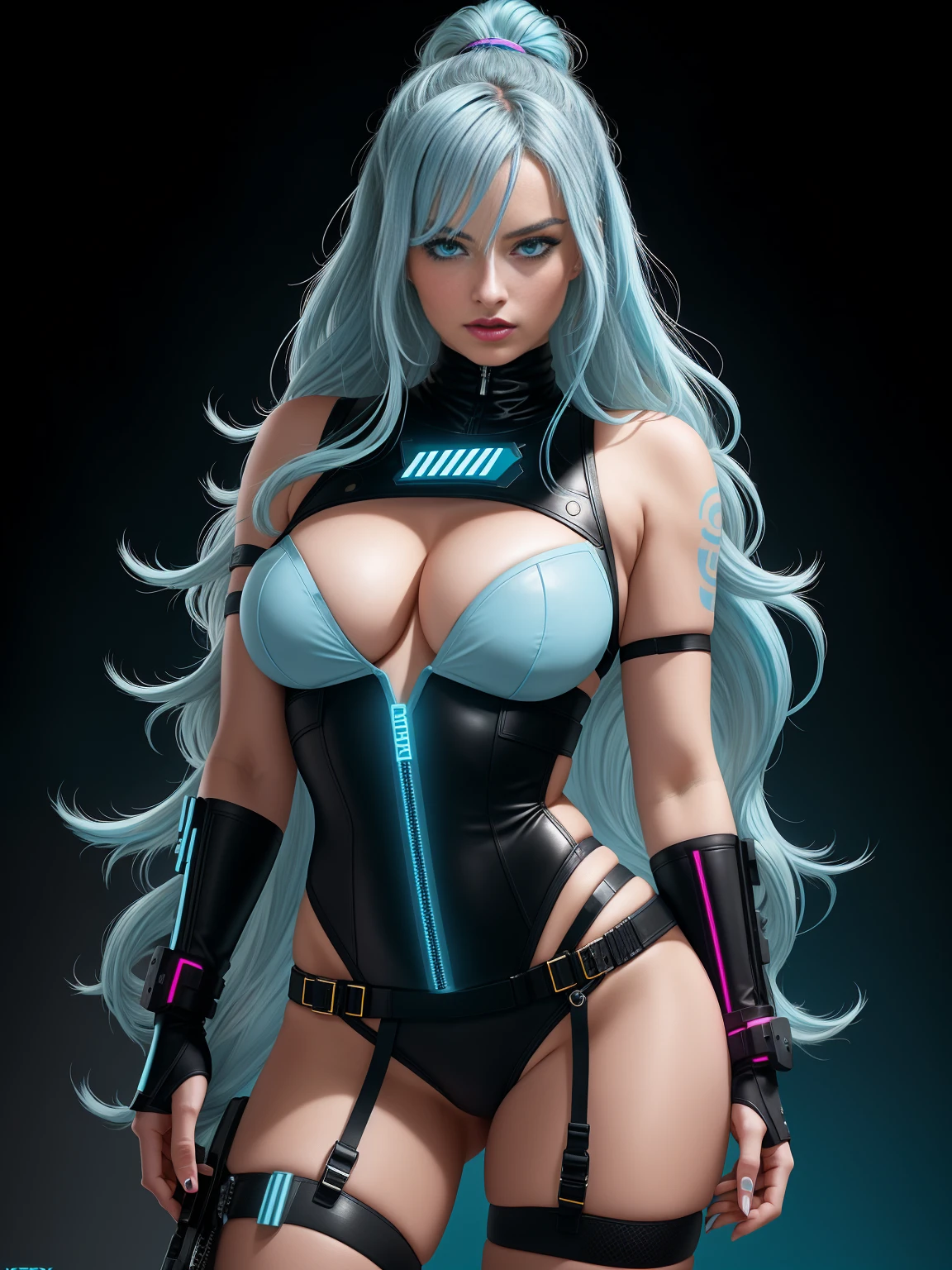 there is Margot Robbie, navy blue and bright purple neon streaked hair, hair in pony tail, 3 d neon art of a womans body, neon-noir background, cyberpunk femme fatale, seductive cyberpunk dark fantasy, cyberpunk strip clubs, cyberpunk 20 y. o model girl, oppai cyberpunk, banner, high definition cgsociety, cgsociety masterpiece, trending on cgstation, kda, random hair, ((light blue eyes:1.4)), looking at camera, gigantic breasts, cleavage, (high detailed skin:1.2), 8k uhd, dslr, super lighting, high quality, film grain, high res, highly detailed, hyper realistic, beautiful face, beautiful body, beautiful eyes nose lips, alluring expression, very bold, upper visible, full body photo, standing legs apart, pale translucent glowing skin, most beautiful face, cute, (well defined pubic hair:1.2)), (dark plain black background:1.4))