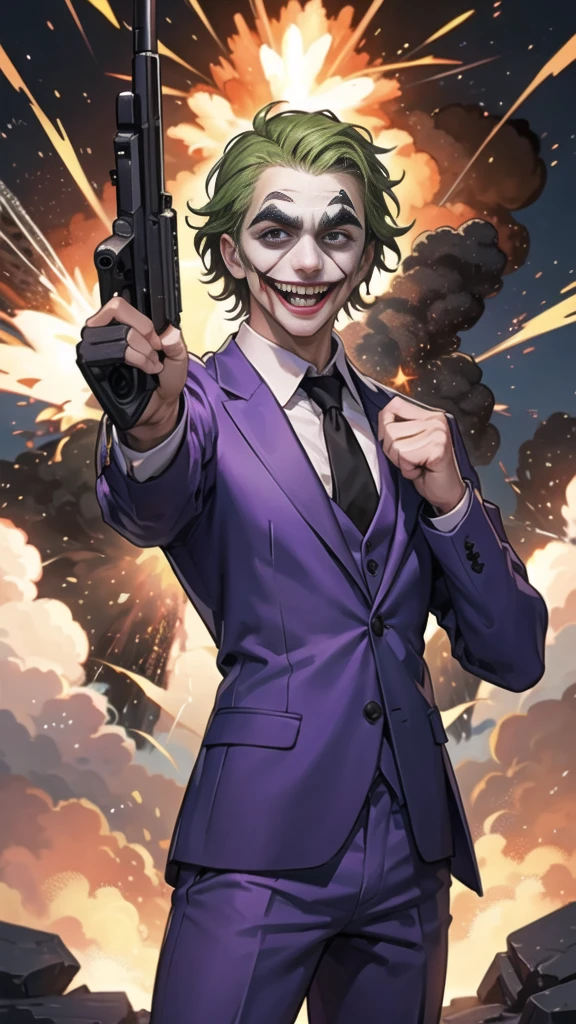 Masterpiece, best quality, The Joker wears a purple suit., , look at viewer, Aim the gun., holding a pistol, look at viewer, stand,gun possession, desert, Laugh and laugh ,(explosion from gun:1.5) , (lots of smoke)