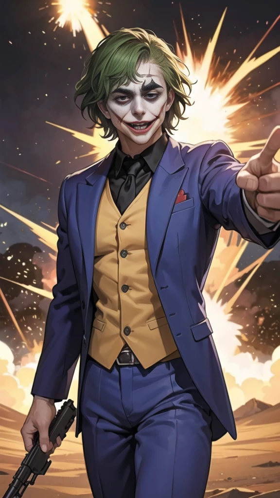 Masterpiece, best quality, The Joker wears a purple suit., , look at viewer, Aim the gun., holding a pistol, look at viewer, stand,gun possession, desert, Laugh and laugh ,(explosion from gun:1.5) , (lots of smoke)