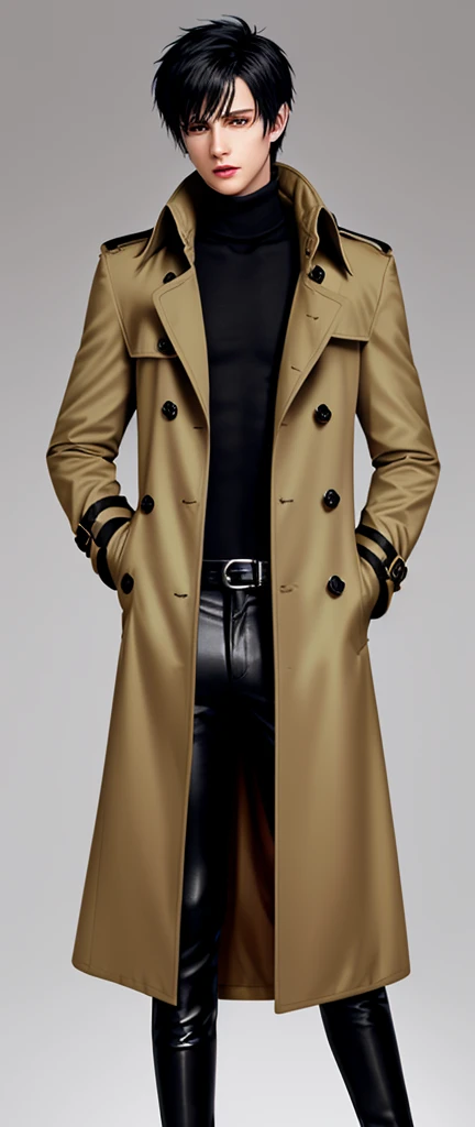 Final Fantasy feel and realistic graphics, Japanese young and cute handsome boy, His age is in his early 20s, Thin eyebrows and beady eyes, He is wearing a very thick, double-breasted trench coat in orange-beige color., Black neck hair.,The hair on the neck is black, The fur on the neck must be black.,
Please fasten your belt and coat, with epaulettes, The trench coat must be closed,, The trench coat fabric must be in the front, Also、He is wearing a very thick, black, matte turtleneck shirt., Tight black leather pants, Shiny black leather and tight、両手に薄いLeather Handbagsを着用する必要があります, Black leather knee-high lace-up boots,You have to look at it from head to toe,You need to see the whole body, The boy looks like a fashion model,Do not expose skin below the neck,Leather jacket、Leather Handbags、There are almost no wrinkles in the leather pants.,Boy in the room,,Keep your underwear out of sight,I need to fasten the waist belt of my coat.