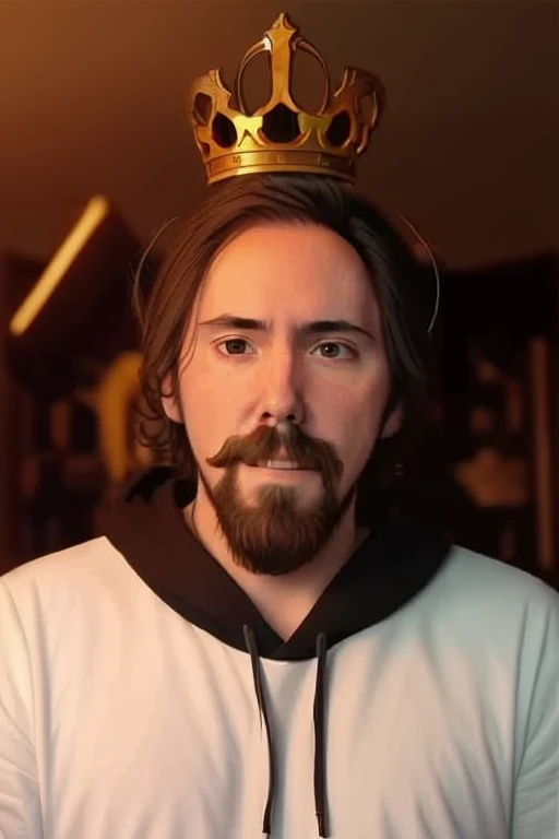 high quality, high resolution, extreme detail, long hair, facial hair, moustache, beard, black hoodie, portrait, asmon, asmongold, king, crown.