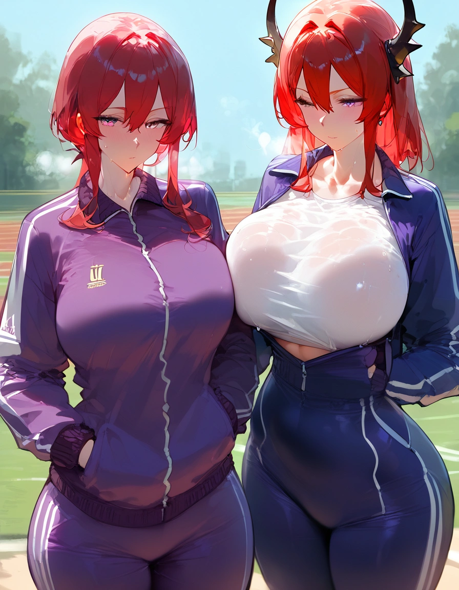 score_9, score_8_up, score_7_up, score_6_up,floox style,surtr, arknights, red hair,big breasts,,collarbone, jacket,purple jacket, purple track suit, sportswear, standing, steam, steaming body, sweat,, track jacket, track pants, track suit, outdoors, drinking, water bottle