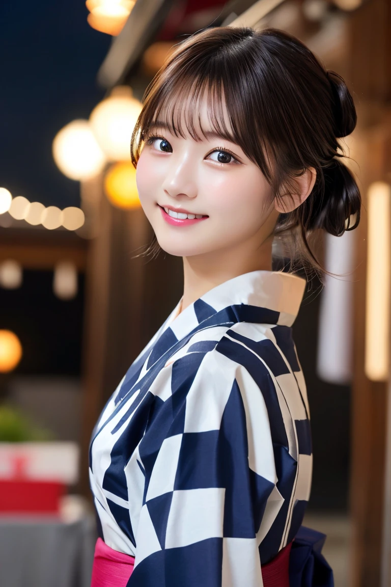 Highest quality、（beautiful）、Super delicate eyes、Fine skin、Brown eyes、22-year-old female、Brown Hair、smile、looking at the camera、Hair tied up on top of the head、Gal、yukata、night、festival、stall