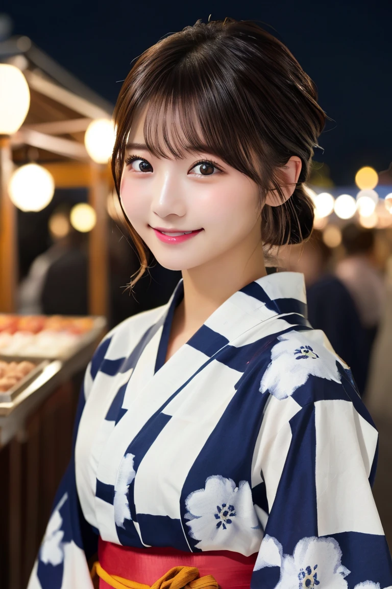 Highest quality、（beautiful）、Super delicate eyes、Fine skin、Brown eyes、22-year-old female、Brown Hair、smile、looking at the camera、Hair tied up on top of the head、Gal、yukata、night、festival、stall