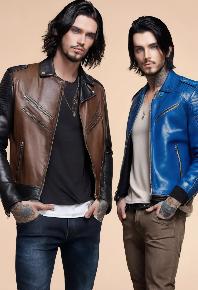 couple of 2 men, one has wavy black hair and tattoos and wears a leather jacket, the other has brown hair and wears casual clothes in beige tones and has beautiful blue eyes, (best quality, 4K, 8K, high resolution, art: 1.2) , ultra-detailed, (realistic, photorealistic, photorealistic: 1.37)