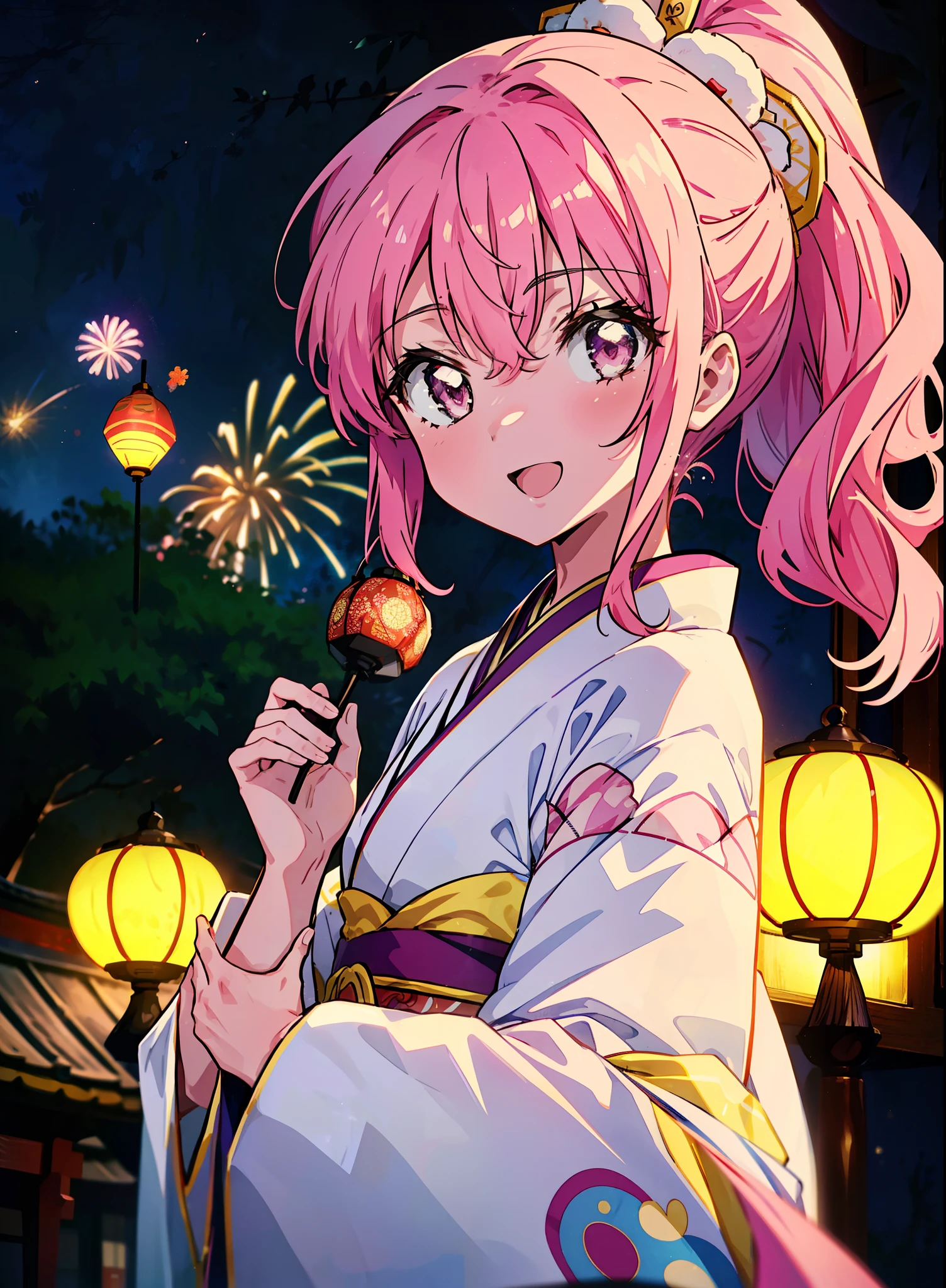 Louise Françoise Le Brun from La V全てiere,Pink Hair,Pink Eyes,Long Hair,ponytail,hair ornaments,happy smile, smile, Open your mouth,White Kimono,Thick sleeves,日本のfestival,夏festivalの屋台,Red Lantern,night,night空のfirework,firework,場所はfirework大会,時間はnightです,sunny day,turn around,まるでwhole bodyがイラストの中にいるかのように,walking,　　　　　　　　　　　　　　　  　　　　　break looking at viewer, whole body, (Cowboy Shot:1. 5),  　　　　　
break outdoors, festival,shrine,
break (masterpiece:1.2), Highest quality, High resolution, unity 8k wallpaper, (shape:0.8), (Beautiful attention to detail:1.6), Highly detailed face, Perfect lighting, Extremely detailed CG, (Perfect hands, Perfect Anatomy),