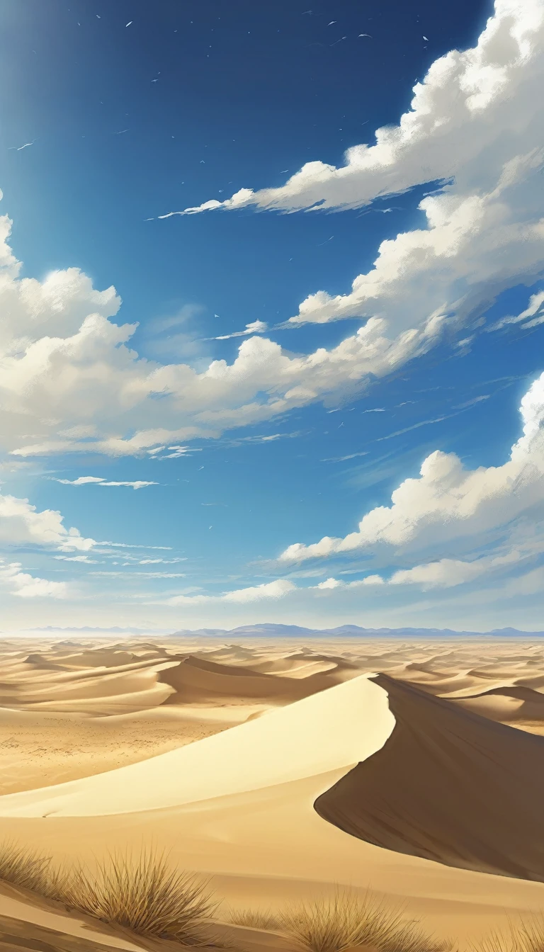 The vast desert spreads out before your eyes., With golden sand and endless vastness, Where the horizon meets the deep blue sky. A serene calm pervades the environment, The wind whispers ancient secrets through the rolling dunes, Revealing the flow of time and the history that lives within. anime style image