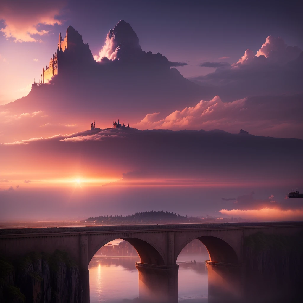 There is a large bridge over the water., distant buildings, From afar見る, From afar見える!!, view From afar, Distant Castle, Background island, Distant Castle, There is a rocky hill in the distance, From afar撃たれた, From afarの眺め, From afar, Mountain in the background,Anime Touch