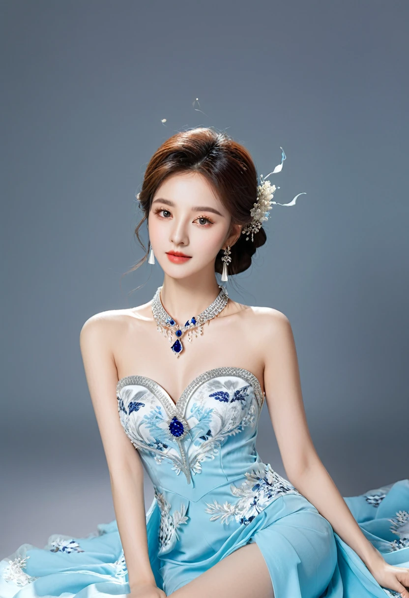 Realistic photo style, whole body 사진에 아름다운 아시아 소녀가 등장합니다., Wearing a unique ethnic style evening gown with delicate skin., bright and lively eyes, Thick eyelashes that look especially attractive. Long dresses are slim and elegant., Eye-catching silver jewelry and alcohol. The high-collar design adds an elegant atmosphere., Color of blue and white porcelain. using light and shadow, The vivid and harmonious appearance of the protagonist is highlighted... whole body, (masterpiece, best quality, professional, perfect composition, very aesthetic, absurd, very detailed, intricate details:1.3)