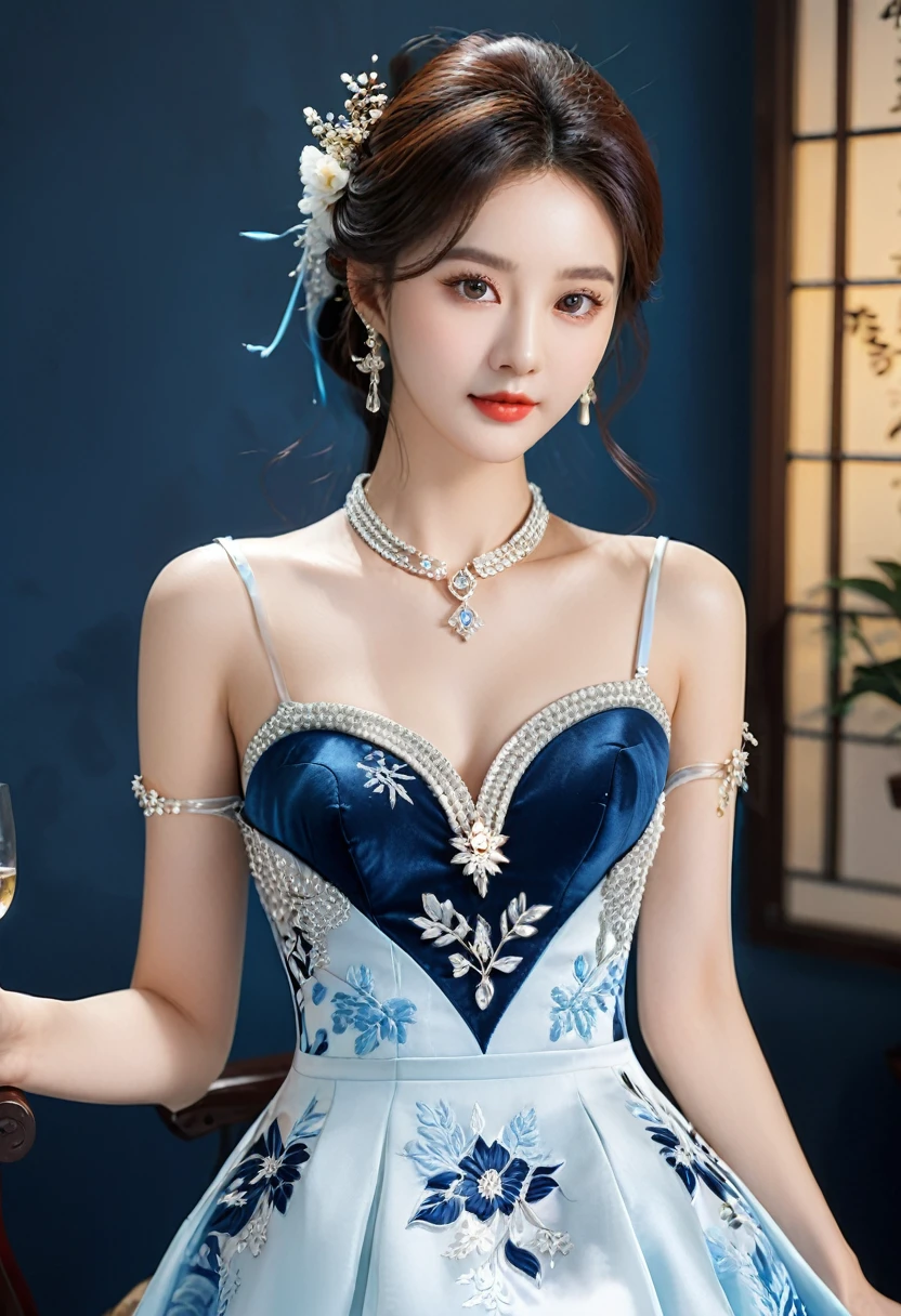 Realistic photo style, whole body 사진에 아름다운 아시아 소녀가 등장합니다., Wearing a unique ethnic style evening gown with delicate skin., bright and lively eyes, Thick eyelashes that look especially attractive. Long dresses are slim and elegant., Eye-catching silver jewelry and alcohol. The high-collar design adds an elegant atmosphere., Color of blue and white porcelain. using light and shadow, The vivid and harmonious appearance of the protagonist is highlighted... whole body, (masterpiece, best quality, professional, perfect composition, very aesthetic, absurd, very detailed, intricate details:1.3)