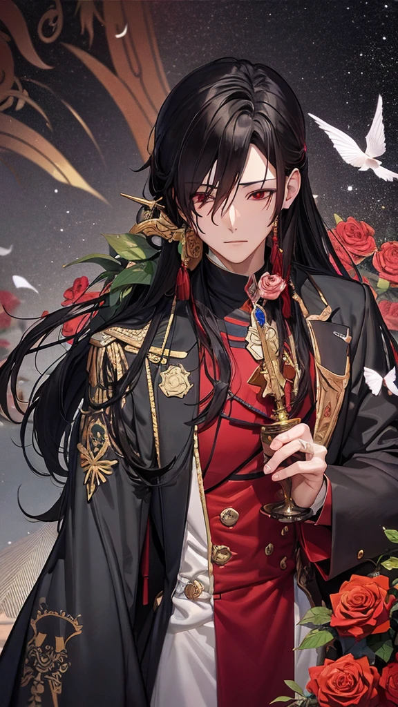 Hua Cheng adulto, he holds a rose in his hand